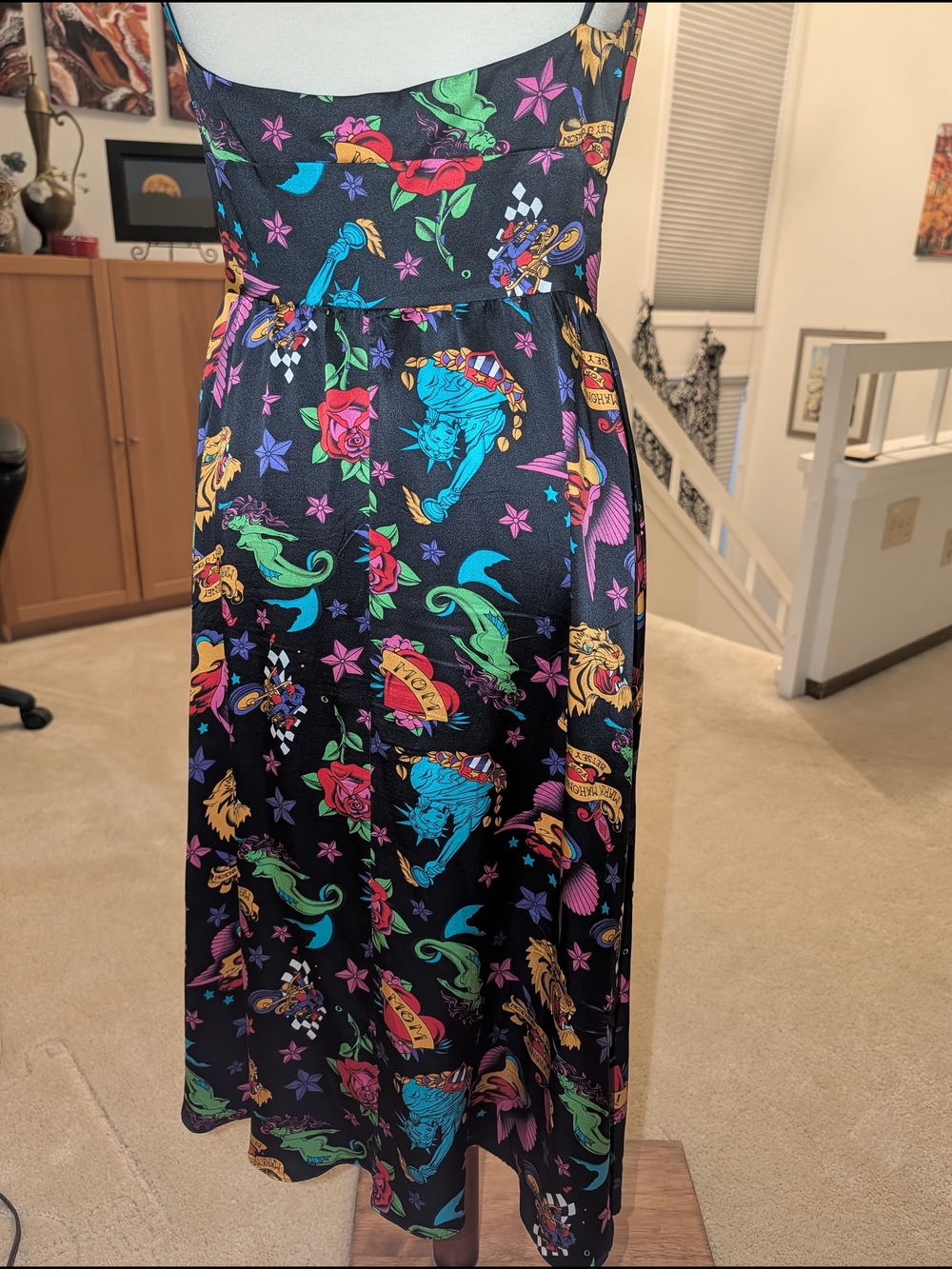 Betsey Johnson Black Multicolor Tattoo-Print Spaghetti Strap Midi Dress - Picture 3 of 6